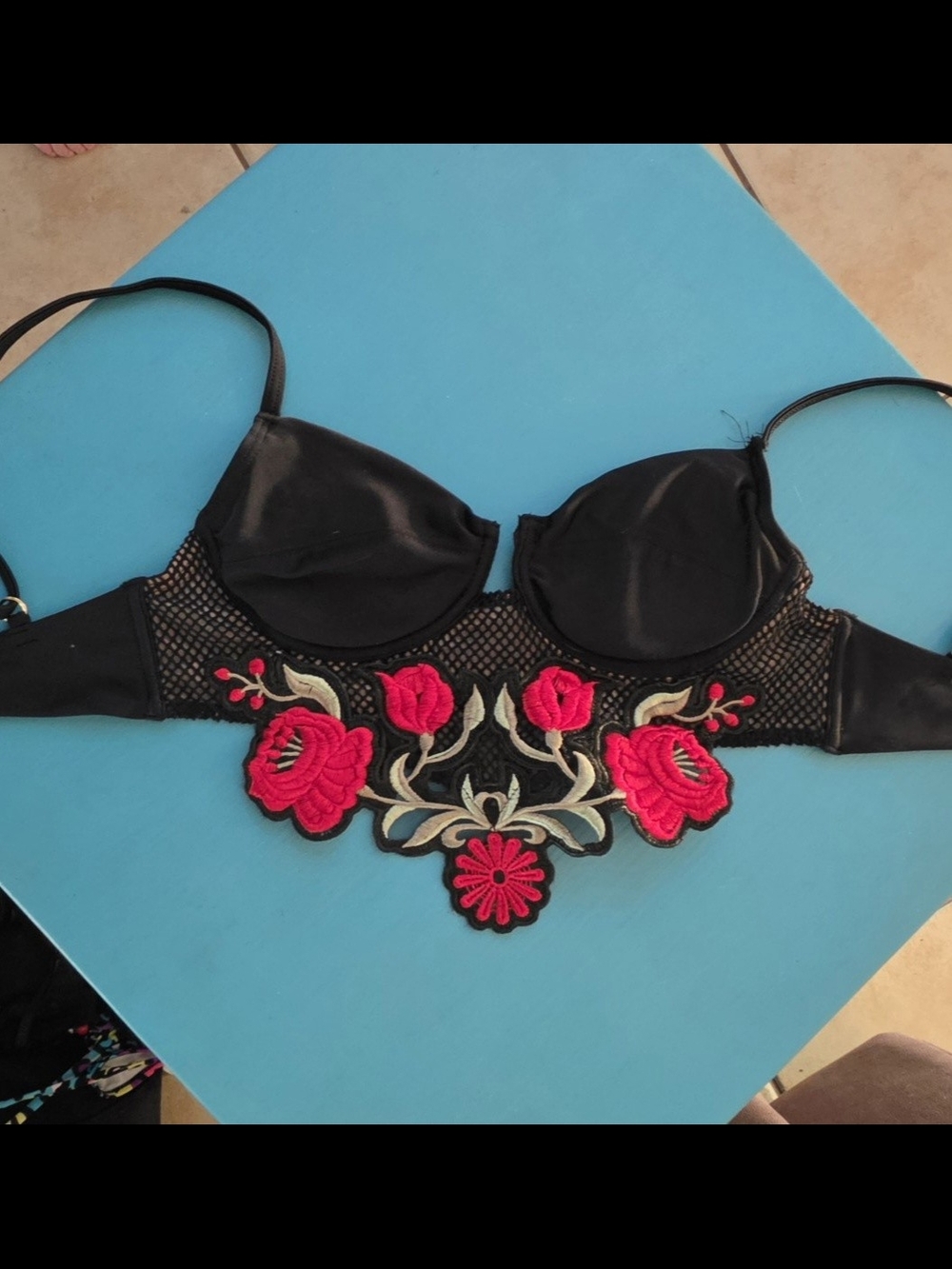 Black Bra with Red Floral Appliqué